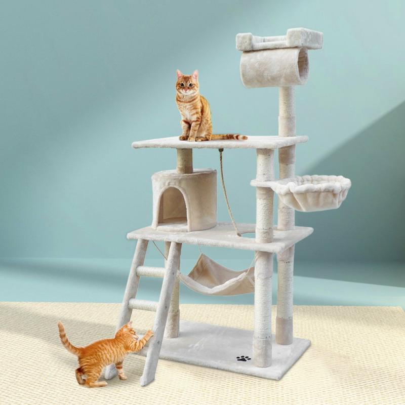 Cat Scratchers & Trees |  Cat Tree 141Cm Trees Scratching Post Scratcher Tower Condo House Furniture Wood – Beige Cat Cat Scratchers & Trees